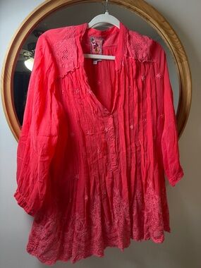 Johnny Was Bright Coral Embroidered Pintuck Tunic